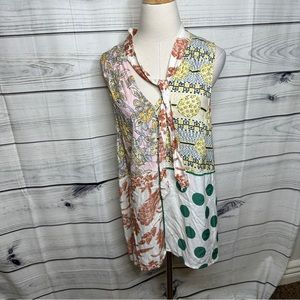 Sleeveless soft blouse with patchwork patterns, neck tie